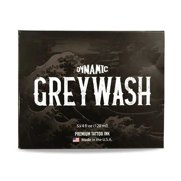 Box of Dynamic Grey Wash tattoo ink with black and white design